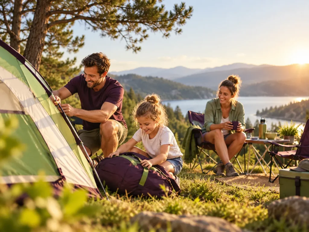 Gezin geniet van kamperen met tent en outdooruitrusting in de natuur voor Camping Plezier.