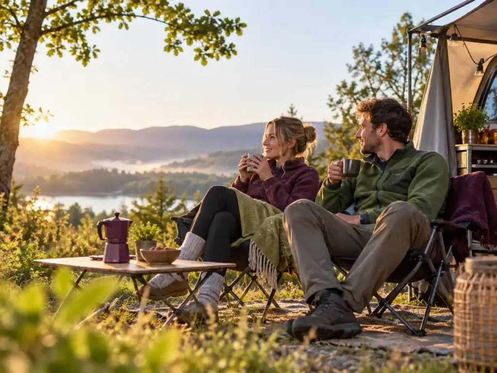 Kampeerders genieten van koffie en rust bij hun campingplek tijdens een sfeervolle ochtend met Camping Plezier.