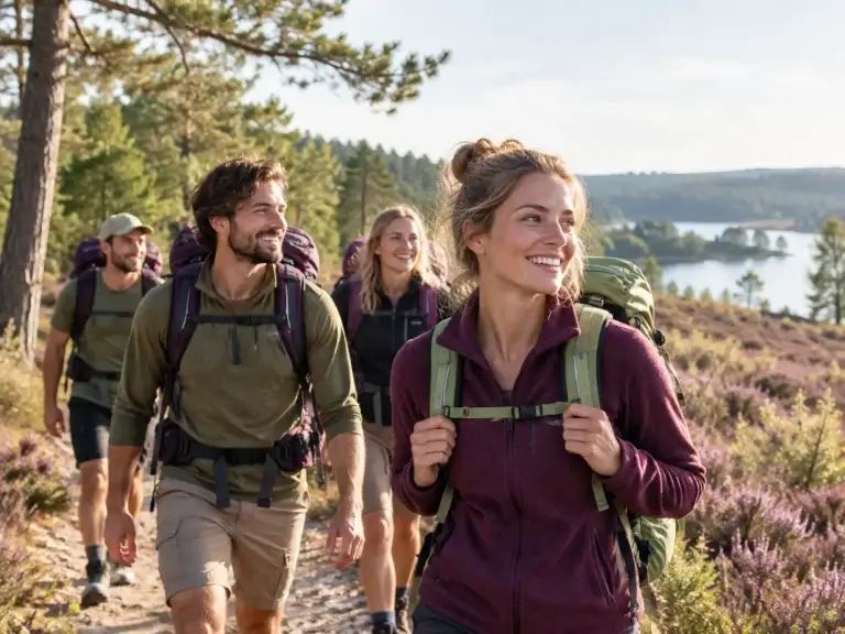 Vriendengroep wandelt met rugzakken door de natuur en ontdekt het buitenleven met Camping Plezier.