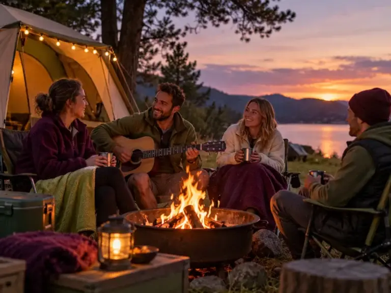 Vrienden genieten rond een kampvuur bij hun tent tijdens een gezellige kampeeravond met Camping Plezier.