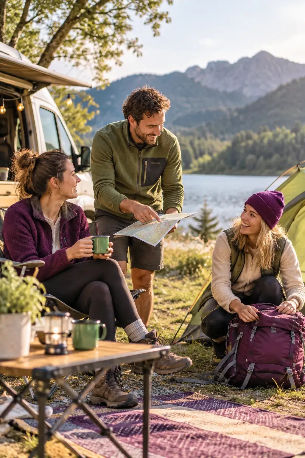 Kampeerders genieten samen van een ontspannen moment aan het meer als beeld voor de Over ons-pagina van Camping Plezier.