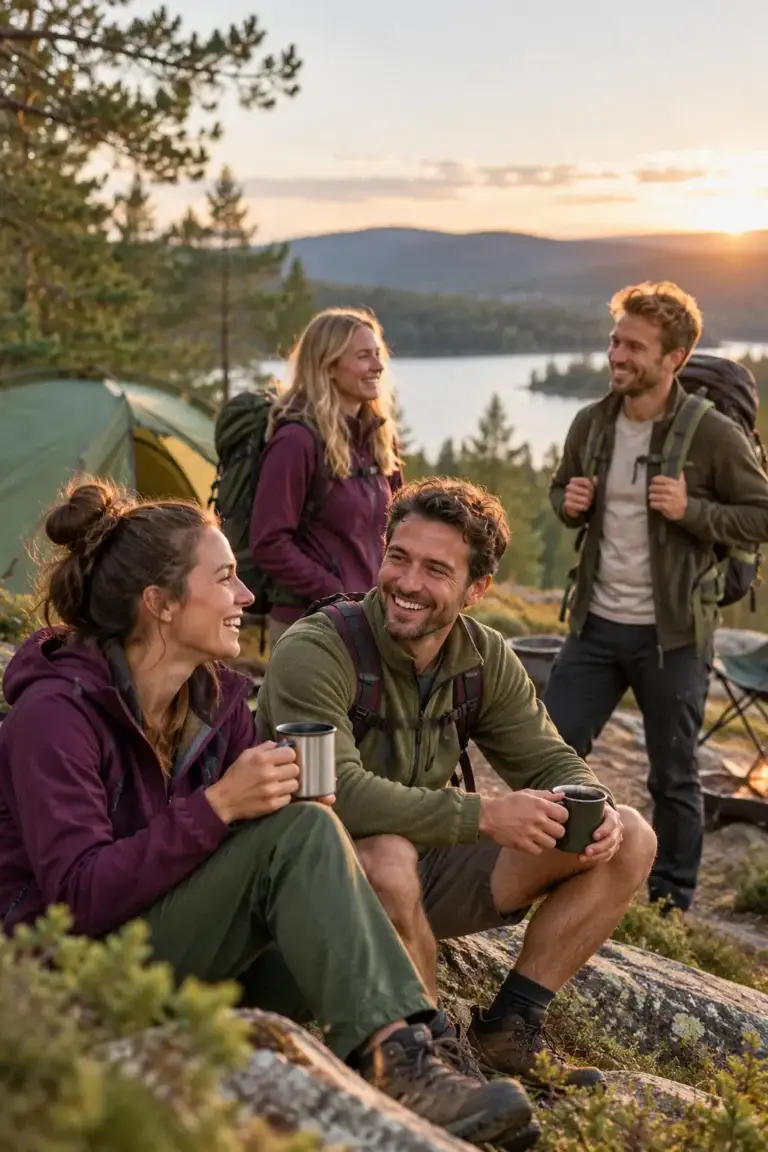 Vriendengroep ontspant op een camping in de natuur tijdens zonsondergang voor de Over ons-pagina van Camping Plezier.