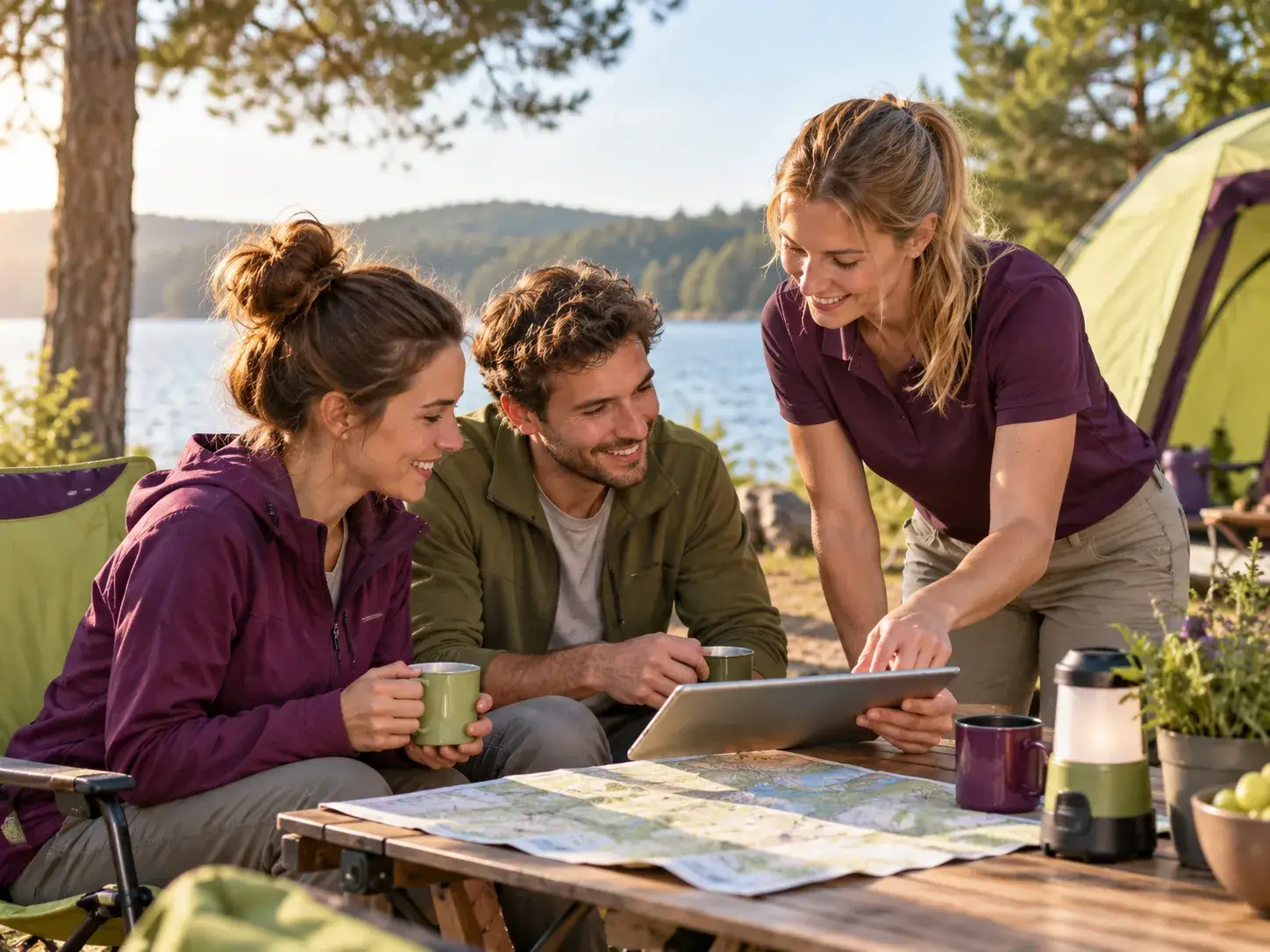 Drie kampeerders bekijken samen een tablet en kaart op de camping als contactbeeld voor Camping Plezier.