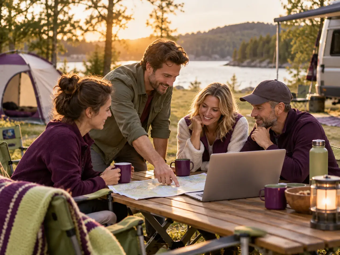 Groep kampeerders overlegt rond een tafel met laptop en kaart aan het water voor de Contact-pagina van Camping Plezier.