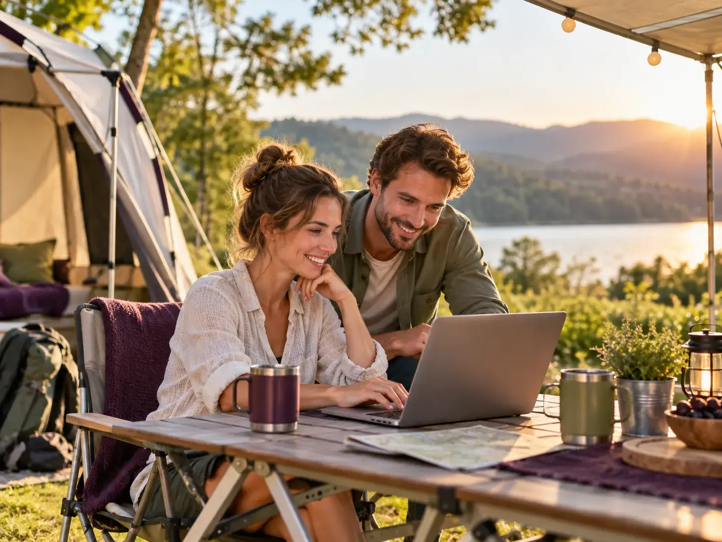 Stel werkt samen op een laptop op de camping als beeld voor online contact en hulp van Camping Plezier.