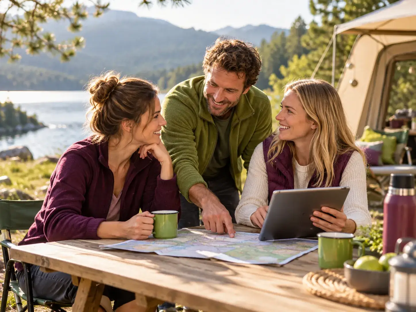 Drie kampeerders bespreken samen een kaart en tablet aan een picknicktafel bij het meer als contactbeeld voor Camping Plezier.