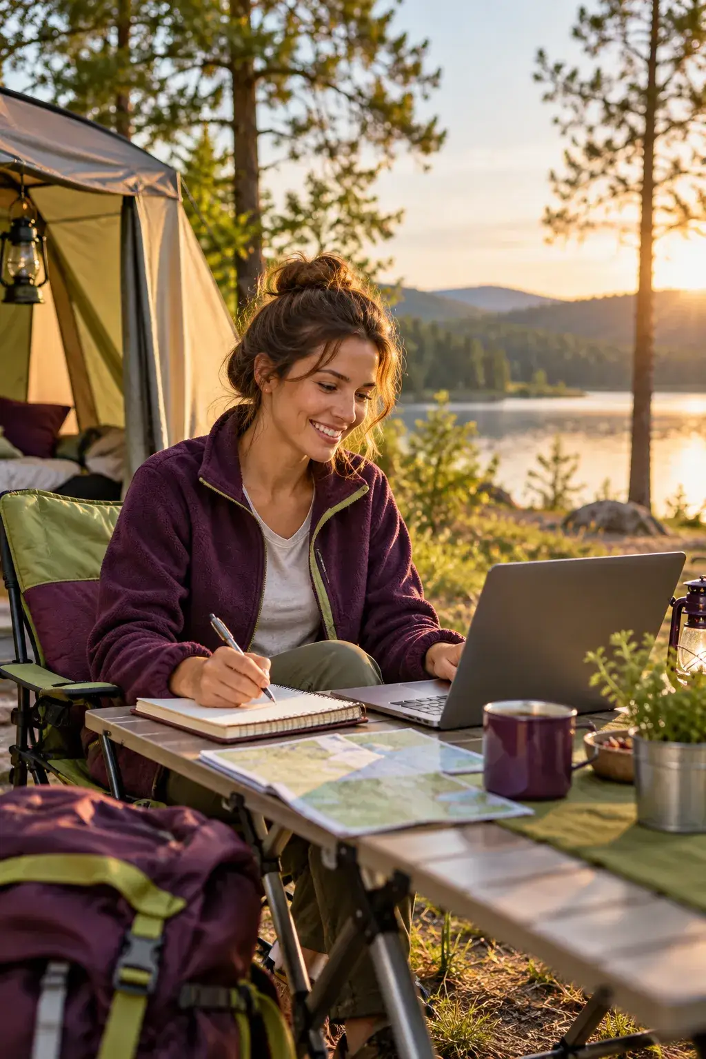 Vrouw werkt met laptop en notitieboek op een sfeervolle camping aan het meer als beeld voor de Registreer-pagina van Camping Plezier.