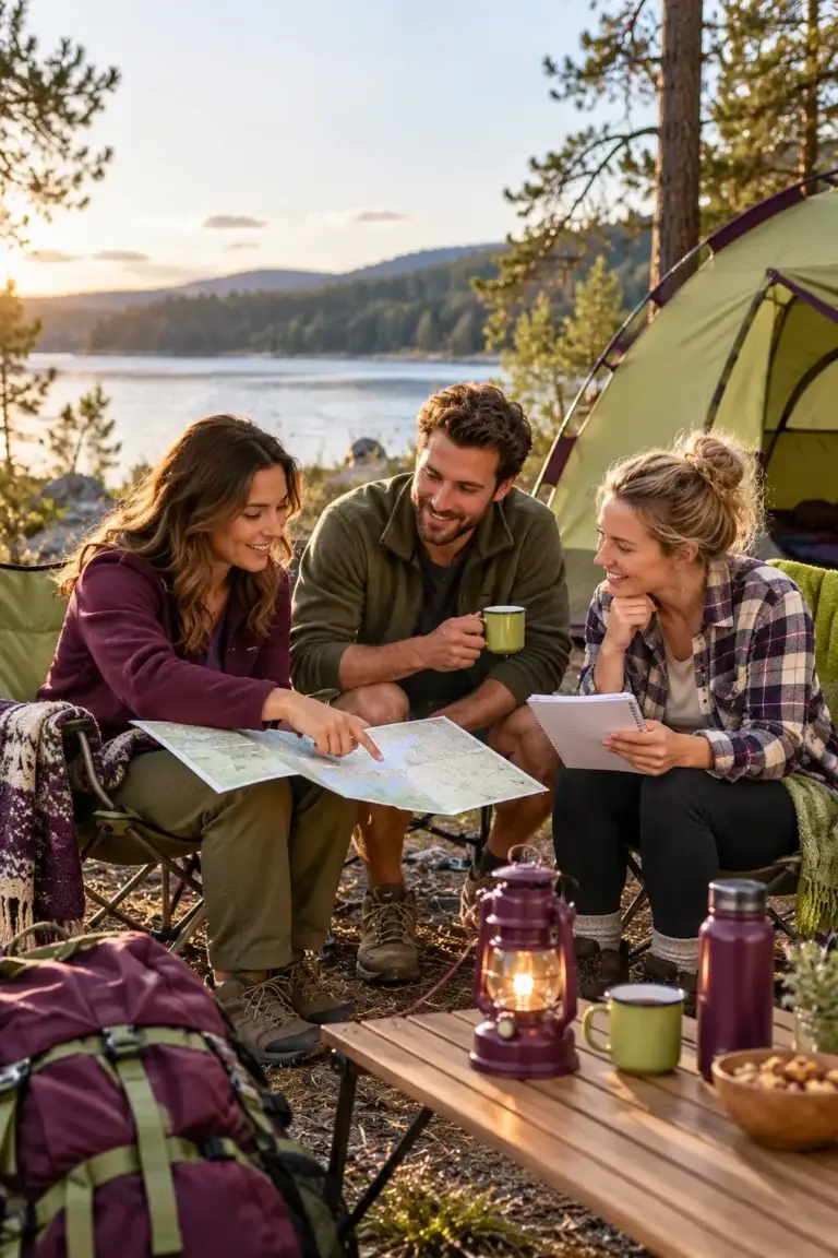 Vriendengroep bespreekt een kaart en notities op de camping als beeld voor de Faq-pagina van Camping Plezier.