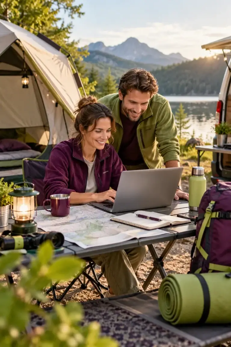Stel bekijkt samen een laptop en kaart op de camping als sfeervol beeld voor de Faq van Camping Plezier.